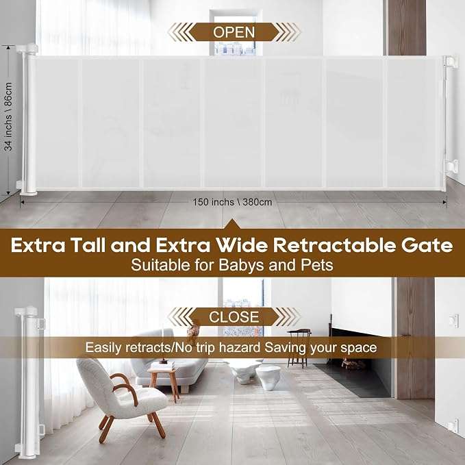 Miumoon 150 inch Retractable Baby Gates 34 inch Tall, Retractable Gate with Reinforced Strip Design to Prevent Crawling Through, 12 FT Extra Wide Retractable Dog Gate for Indoor/Outdoor