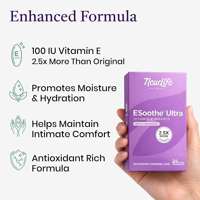 NewLife Naturals ESoothe Ultra Vitamin E Suppositories for Women 100 IU 2.5X More– Vaginal Dryness & Moisture Support – Hormone-Free – 24 Vaginal Suppositories, Made in USA -30 Day + Supply