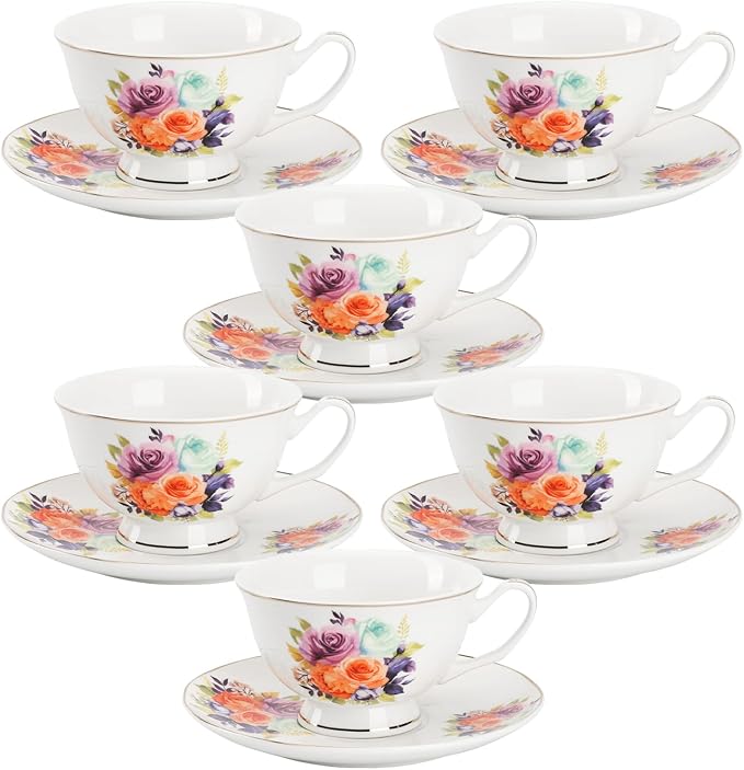 BTaT- Floral Tea Cups and Saucers, 8 oz, Fine Porcelain Teacup Set with Gold Trim for Afternoon Tea, Weddings, Parties & Gifting, Dishwasher Safe, Lightweight, Non-Toxic, Set of 6