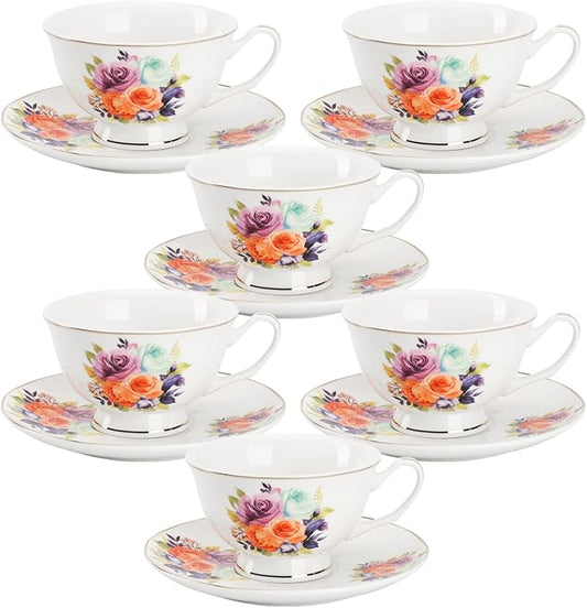 BTaT- Floral Tea Cups and Saucers, 8 oz, Fine Porcelain Teacup Set with Gold Trim for Afternoon Tea, Weddings, Parties & Gifting, Dishwasher Safe, Lightweight, Non-Toxic, Set of 6