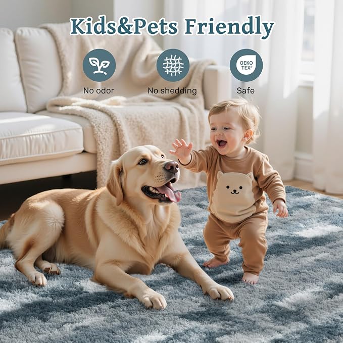 Area Rugs for Living Room 8x10 Feet, Soft Fluffy Shagg Plush Bedroom Rug Non-Slip,Large Carpet for Nursery Kids Dorm Home Decor Grey White