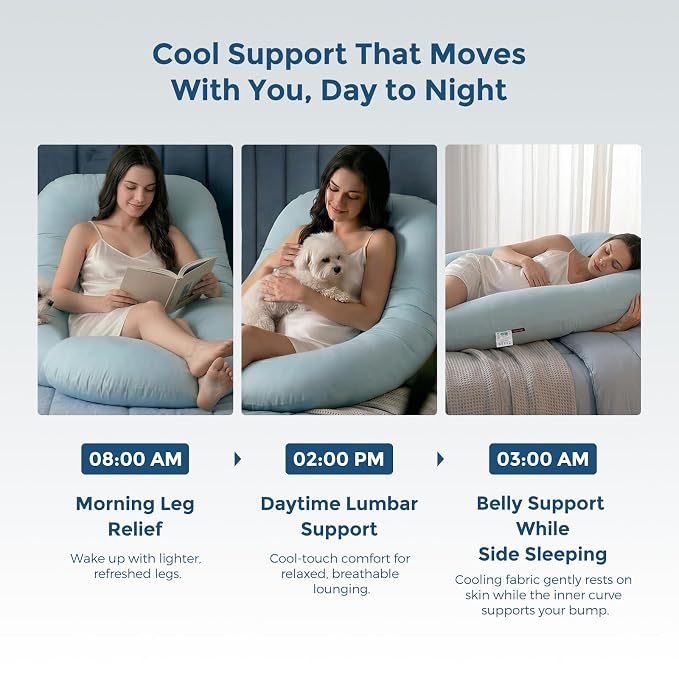 Momcozy Pregnancy Pillows with Cooling Cover, U Shaped Full Body Maternity Pillow for Side Sleepers - Support for Back, Legs, Belly, HIPS for Pregnant Women, 57 Inch Pregnancy Pillow, Mist Blue