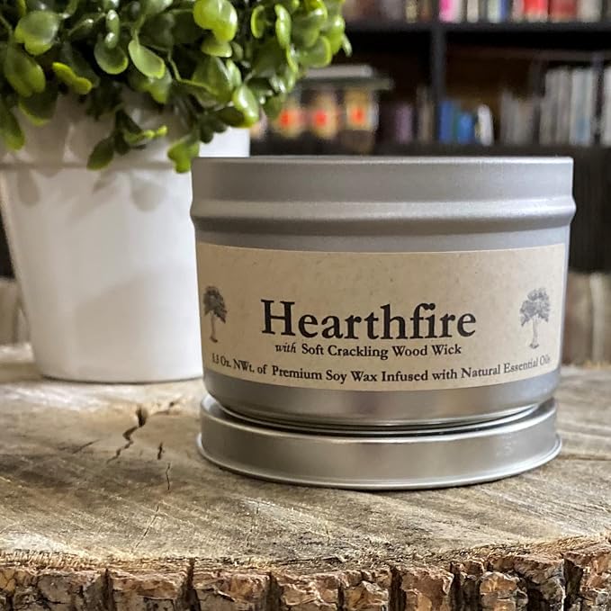 Hearthfire in Tin Can by GWE - Smoky Sandalwood Scented Soy Candle w/Wood Wick - Dark Sweet Creamy Aromatherapy - Infused w/Natural Oils, Made in The USA - Gift for Men & Women