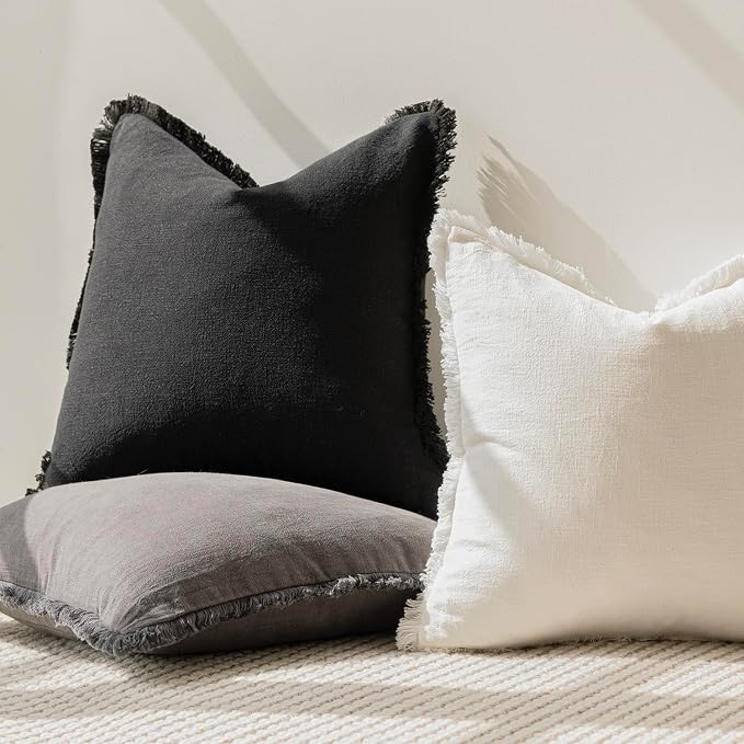 Foindtower Set of 2 Decorative Linen Fringe Throw Pillow Covers Cozy Boho Farmhouse Cushion Cover with Tassels Soft Accent Pillowcase for Couch Sofa Bed Living Room Home Decor, 22×22 Inch, Black