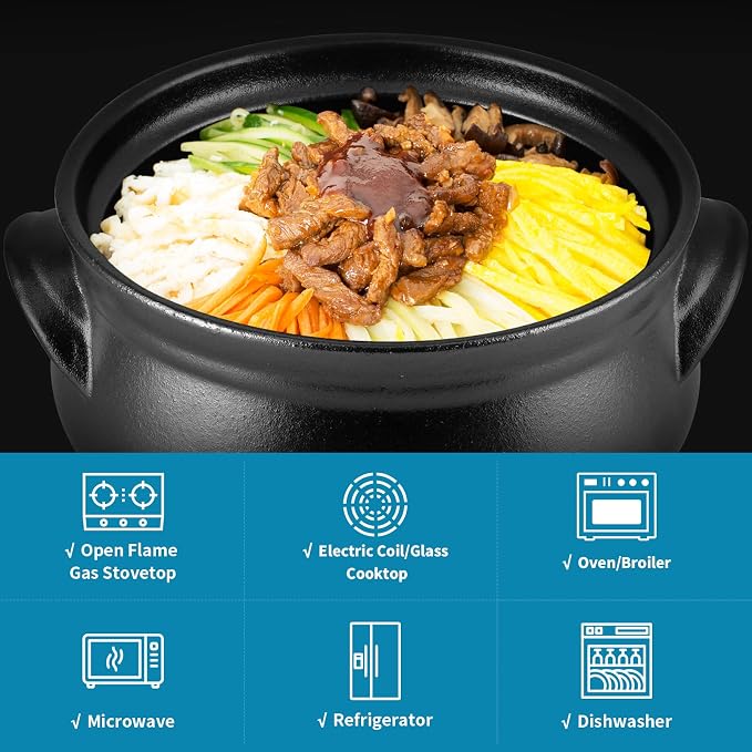 Large Korean Ceramic Bowl with Lid and Trivet, 54 oz Sizzling Hot Pot with Double Handles for Cooking and Serving Dolsot Bibimbap, Soup, Rice, Stew, Casserole, Noodle (Frosted Black)