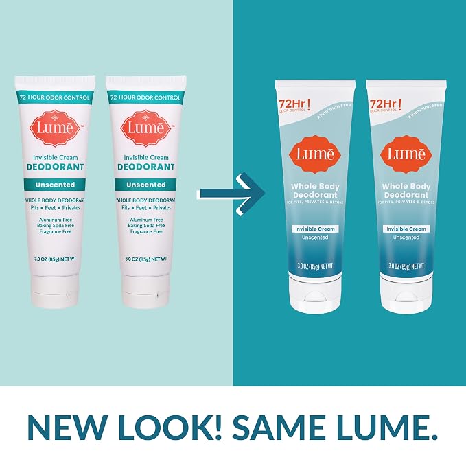 Lume Whole Body Deodorant - Invisible Cream Tube - 72 Hour Odor Control - Aluminum Free, Baking Soda Free, Skin Safe - 3.0 ounce (Pack of 2) (Unscented)