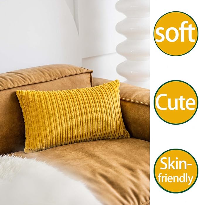 UGASA Velvet Pillow Covers Striped Decorative Throw Pillow Covers Cushion Case with Hidden Zipper for Home Couch/Bedroom, Soft Cozy Solid Square, 1 Piece (12"x20", Primrose Yellow)
