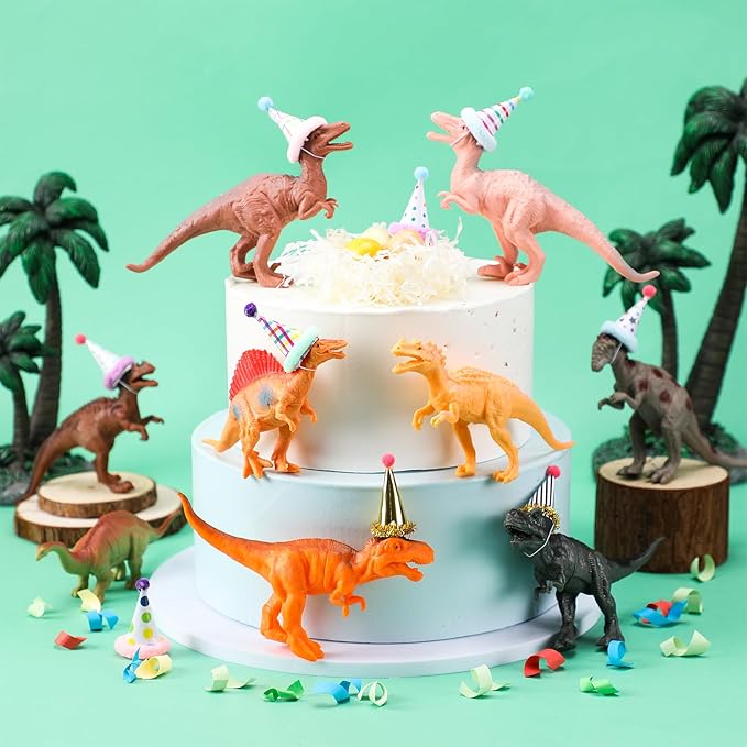 18 Pcs Dinosaur Birthday Party Decorations Mini Birthday Hat Animal Figure Model Cake Toppers with Mini Hat for Wild Animals Themed Party Birthday Party