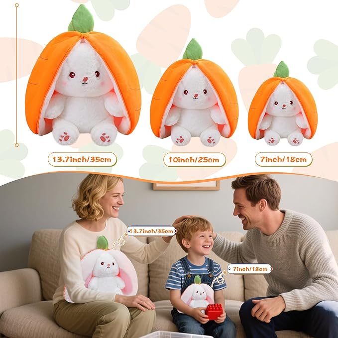 MIAODAM Cuddly Bunny Stuffed Animal, Kawaii Squishy Cute Easter Bunny Plush Turn Into Rabbit Fruit Doll Carrot Strawberry Pillow, Plushies Funny Bunny Toy for Baby (Carrot Rabbit, 10inch)