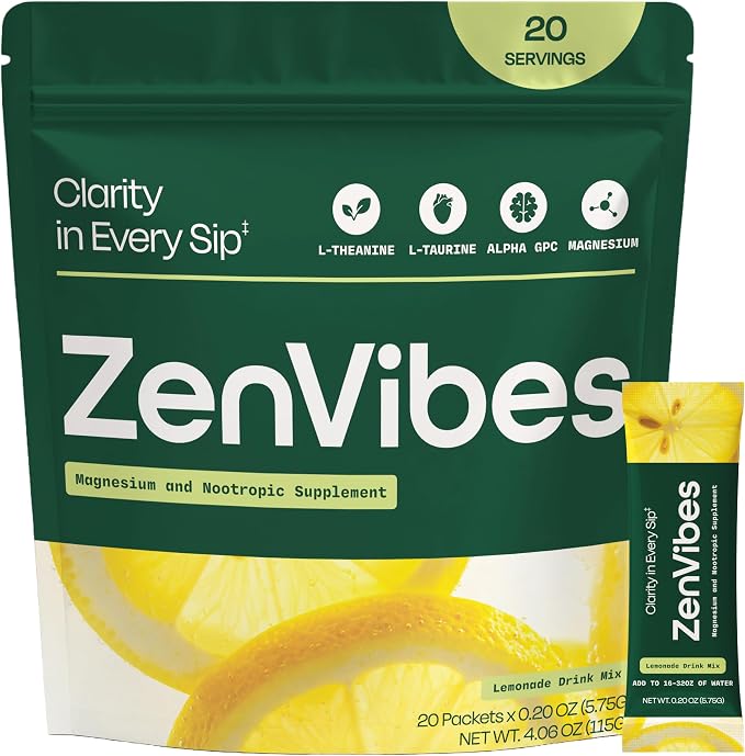 ZenVibes Magnesium L-Theanine Drink Mix – Lemonade Calm & Focus Nootropic with Alpha GPC, L-Taurine & Vitamin D3 – Sugar-Free Relaxation Stick Packs, Non-GMO, 20 Servings