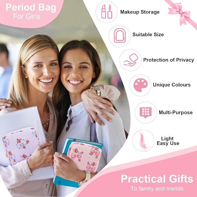 Sanitary Pad Storage Bag Portable Period Bag for Teen Pads/Sanitary Napkins/Small Tampons, Sanitary Napkin Storage Bag First Period Gifts for Teen Girls (Pink Rose Bouquet)