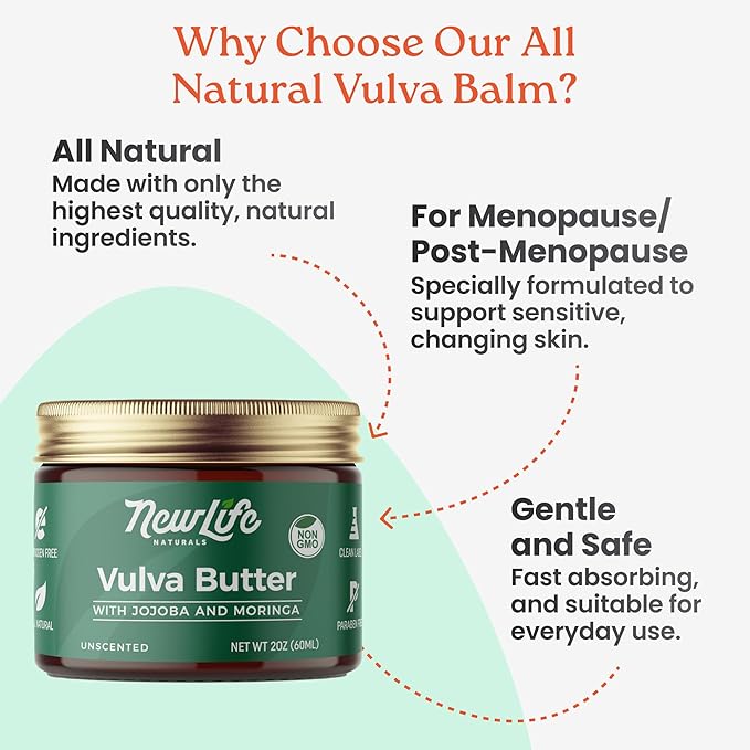 NewLife Naturals Vulva Balm Cream (JButter) - Natural Vaginal Moisturizer Support For Hydration Dryness Itching - With Jojoba + Moringa- Estrogen Free - 2oz