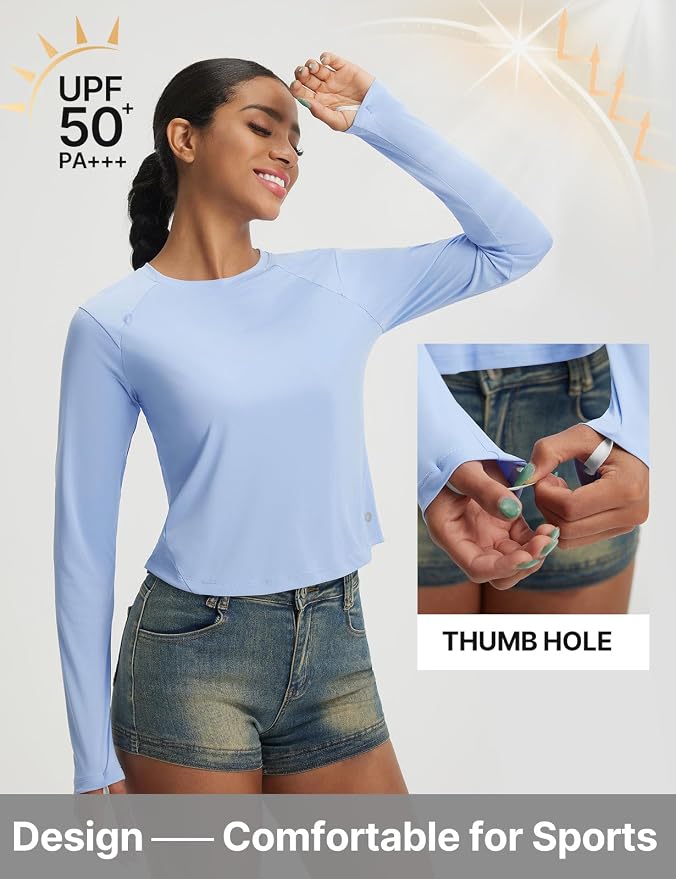 baleaf Women's UPF 50+ Long Sleeve Sun Shirts Crop Rash Guard UV Workout Tops SPF Slim Fit Lightweight Athletic Hiking