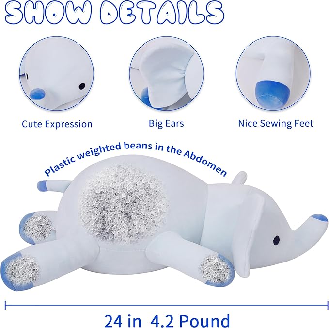 Weighted Stuffed Animals, 4.2lbs Weighted Stuffed Animal Elephant Plush 24in, Cuddle Elephant Soft Plushie Pillows Gifts for Kids and Adults