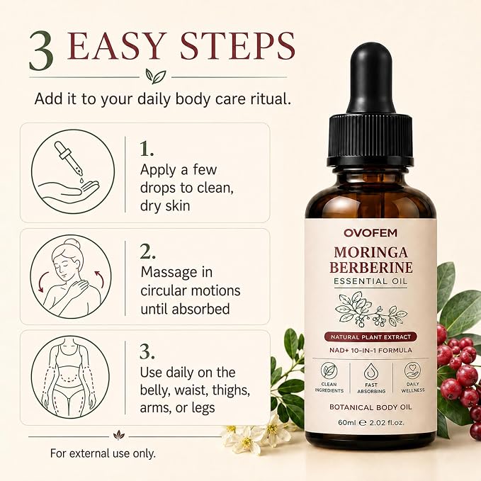 Ovofem Moringa Berberine Essential Oil, NAD+ 10-in-1 Botanical Body Massage Oil, Nourish and Smooth Skin, Fast-Absorbing Non-Greasy Formula, Daily Body Care Support, 2 fl oz