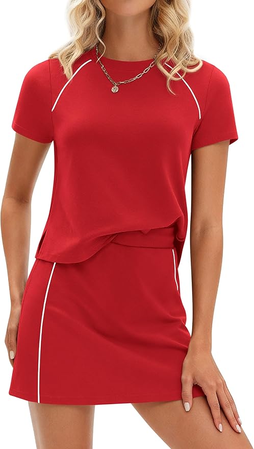 PRETTYGARDEN Women's 2 Piece Skirt Sets Matching Clothing | Short Sleeve Shirts,Color Block Tops,Mini Skirts with Shorts Pockets,Skort Set,Workout Active Wear,Tennis Golf,Summer Outfits