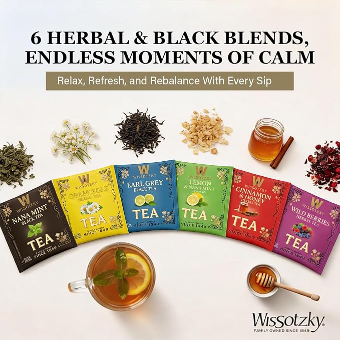 Wissotzky Artisanal Tea Chest Box, Assorted Flavors of Black & Herbal Tea Bags (42 Tea Bags) 6 Flavors | Mothers Day Gift | Tea Sampler Variety Pack | Tea Gift Set | Individually Wrapped | Corporate & Holiday Gifts | Certified Kosher