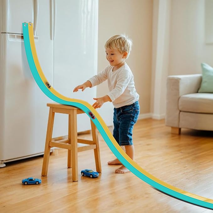 Flex Tracks 15 Ft for Kids Starter Set, Flexible Race Car Ramp Track with Suction Cups Compatible with Hot Wheels and Diecast 1/64th Cars for Ages 3 & Up (Daytona Blue & Yellow)
