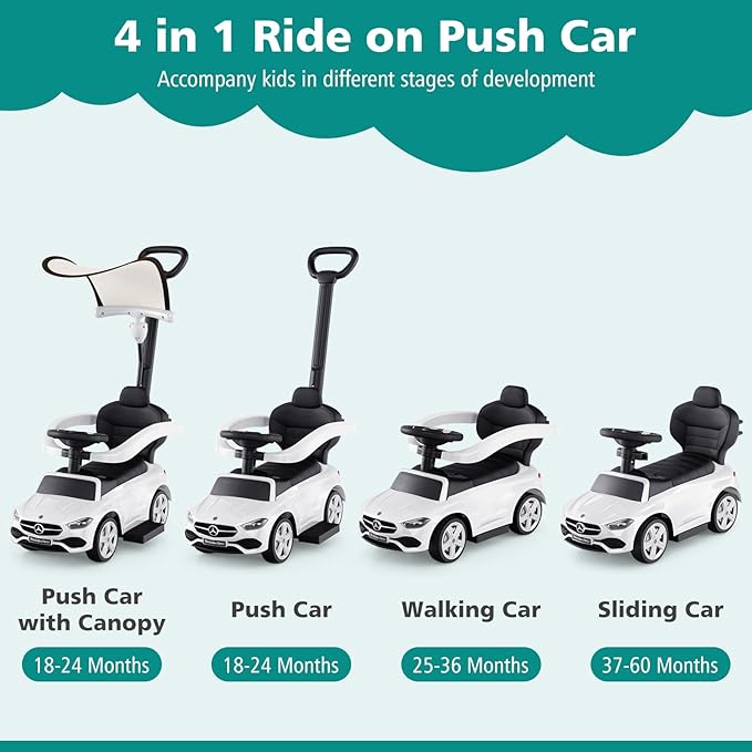 Licensed Mercedes Benz Push Car for Toddlers by INFANS, 3 in 1 Sliding Walking Car with Push Handle, Horn, Music, Underneath Storage, Foot-to-Floor Ride on Toys for Boys Girls, White
