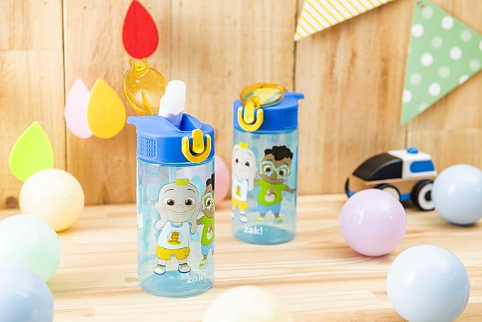Zak Designs CoComelon Kids Water Bottle with Spout Cover and Built-In Carrying Loop, Durable Plastic, Leak-Proof Water Bottle Design for Travel (16 oz, 2-Pack, Non-BPA)