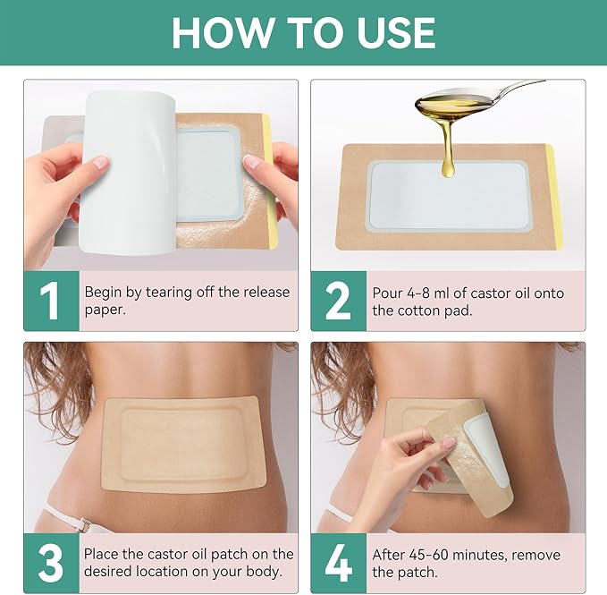 20Pcs Castor Oil Pack Wrap, Organic Cotton Castor Oil Patches for Liver, Stomach, Belly Button, 11.8"x6.3", Disposable Self-Adhesive, Leak-Free, 5X Absorbent Cotton Pad, Portable