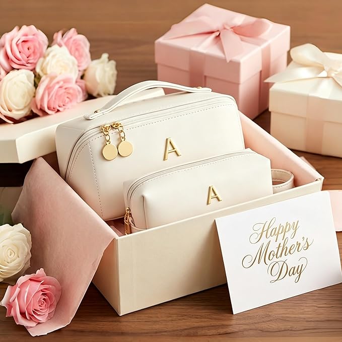 KKXIU Initial Makeup Bag for Women - Personalized Makeup Bag Gifts for Women, Travel Toiletry Bag with PU Leather, Open Flat Design with Top Handle, Cosmetic Bag Set with Multi-Pocket (Beige,L)