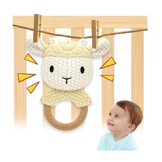 Sheep Baby Rattle for Newborn Plush Rings Crochet Lamb Teether Toy Wood Handle Textured Sensory Grip Fine Motor Skills Teething Toy Cute Farm Animal Plush Stuffed Stuffer Photo Prop