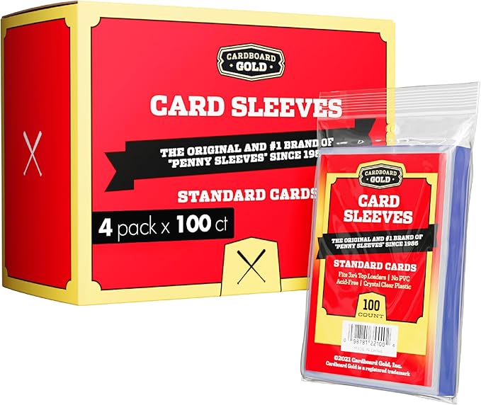 Cardboard Gold Penny Sleeves for Trading Cards - 400 Count Card Protector Sleeves with Durable, Crystal-Clear Plastic for Baseball, Sports, Collector, Standard-Sized Cards 2-5/8” x 3-5/8” (67x94mm)