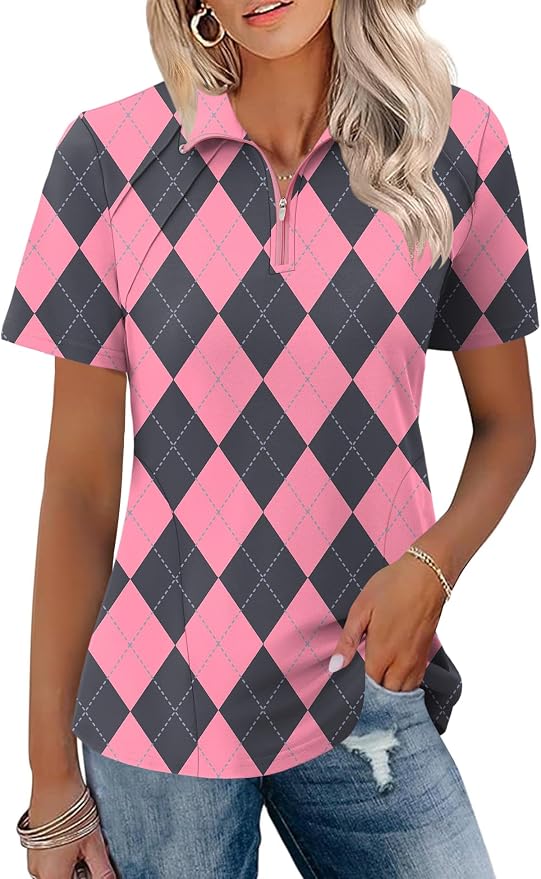 LOMON Womens Golf Polo Shirt Summer Short Sleeve Quarter Zip Outfit | Side-Pockets,Princess Seams,Cotton,Wrinkle Free,Moisture Wicking,Quick-Dry,Lightweight,Collared,for Tennis Workout