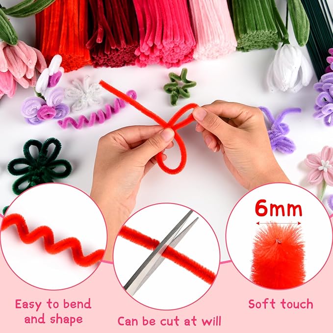 ASTARON 521 Pcs Pipe Cleaners Craft Set, 5 Colors Pipe Cleaners Bulk Pastel Chenille Stems for Craft Pipe Cleaner Flowers Making Kit with Floral Wires, Gardening Tape (Red Pink Series)