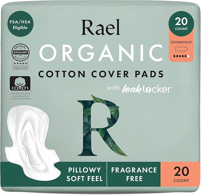 Rael Pads for Women, Organic Cotton Cover - Period Pads with Wings, Feminine Care, Sanitary Napkins, Heavy Absorbency, Unscented, Ultra Thin (Overnight, 20 Count)