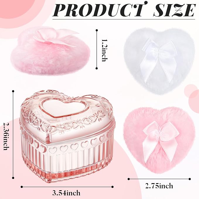Tioncy 3 Pcs Large Body Powder Puff and Container Mother's Day Gift Powder Container with Puff Crystal Case Soft Washable Reusable Velour Face Body Glitter Wet Dry Makeup(Pink, Heart)