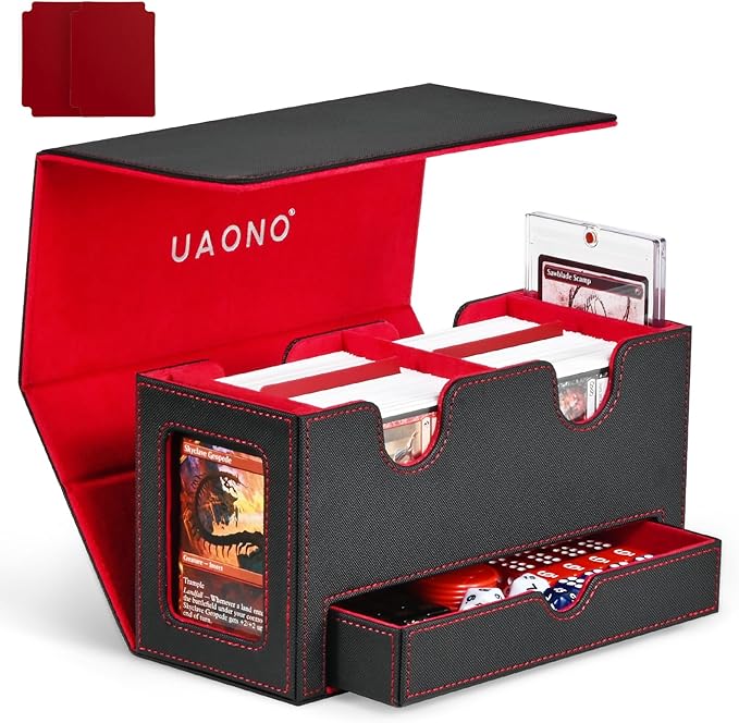 UAONO Card Deck Box for MTG, Double Card Storage Box with 2 Commander Display & 1 Dice Tray, Fits 200+ Double Sleeved Cards, Card Organizer for CCG TCG Sports Cards (Black Red)