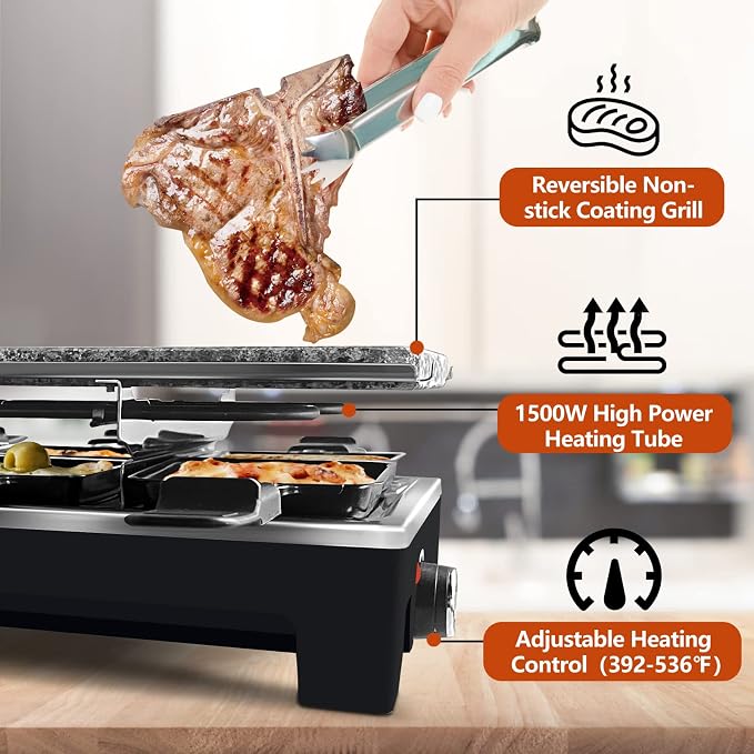 Raclette Table Grill, CUSIMAX Indoor Grill Electric Grill, Black | Portable Korean BBQ with 2 in 1 Reversible Non-stick Plate & Natural Grill Stone, 8 Raclette Pans & 8 Wooden Spatulas, 1500W