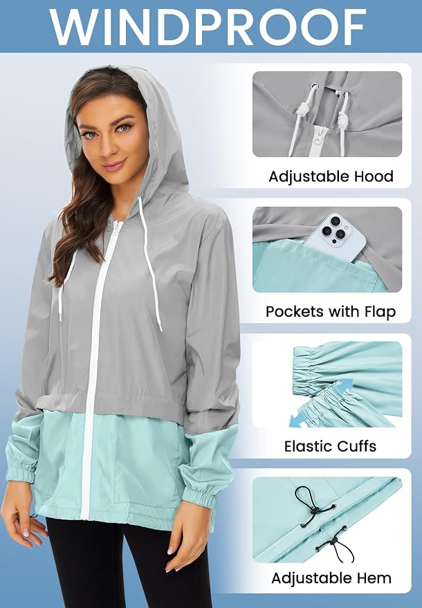 Zando Lightweight Rain Jacket Women Packable Waterproof Raincoat with Hood | Windbreaker Jacket Women, Light Raincoats for Drizzle, Rain Coats for Travel, Hiking and Commute