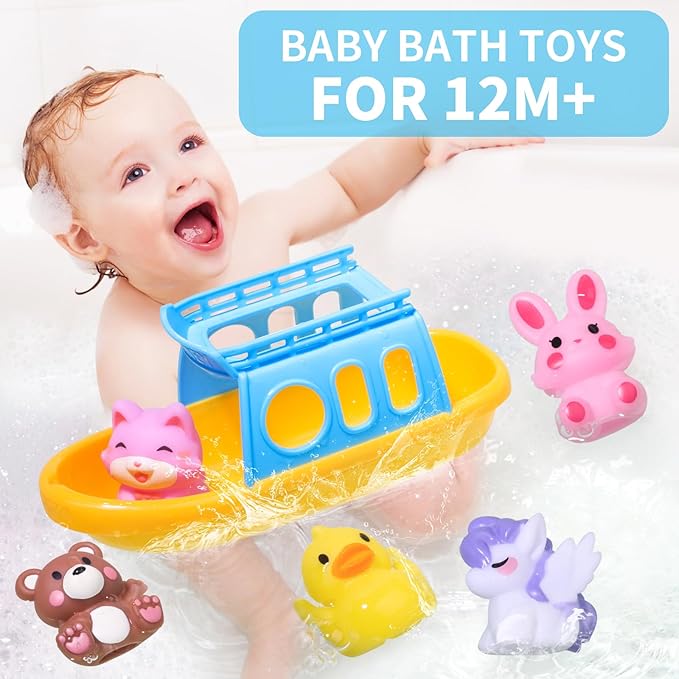 Oriate Bath Boat Toys, Finger Puppets for Kids, 5 PCS Rubber Duck Finger Puppets and 1 Boat, Sensory Learning Toy Set in The Bathtub, Pool, Beach