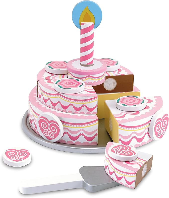 Melissa & Doug Triple-Layer Party Cake Wooden Play Food Set - Birthday Cake Pretend Food Play Set for Toddlers, Kids Ages 3+
