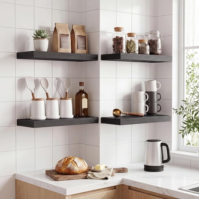 Fixwal Black Floating Shelves for Wall, Rustic Wood Shelves for Bathroom, Living Room, Bedroom and Kitchen, Wall Shelves for Storage, Books, Room Decor (Set of 4, 15.7 Inch)