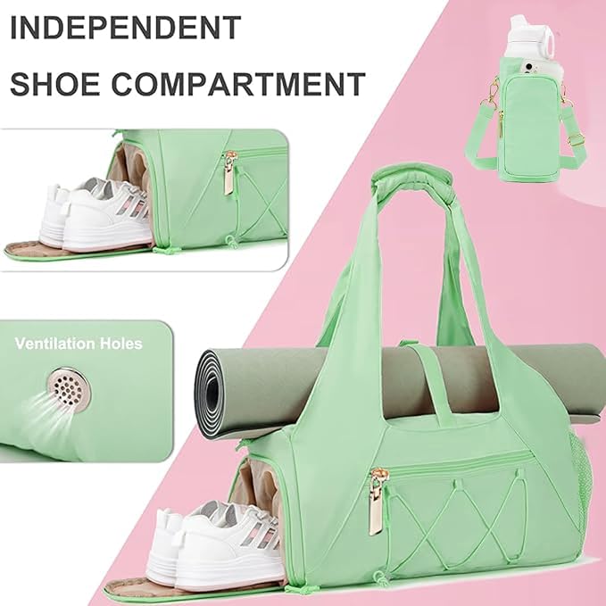 Gym Bag for Women, Yoga Mat Bag with Shoe Compartment and Wet Pocket, Sport Yoga Gym Bag with Yoga Strap, Carryall Yoga Tote Bag