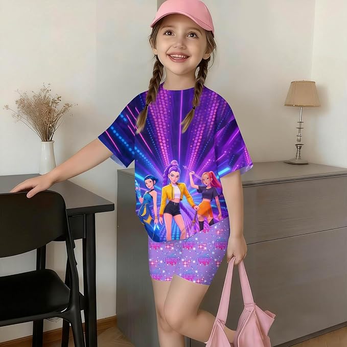 K-POP DEM0N Hunters Outfits for Girls, 2 Piece T-Shirts and Apparel Sets Birthday Gift