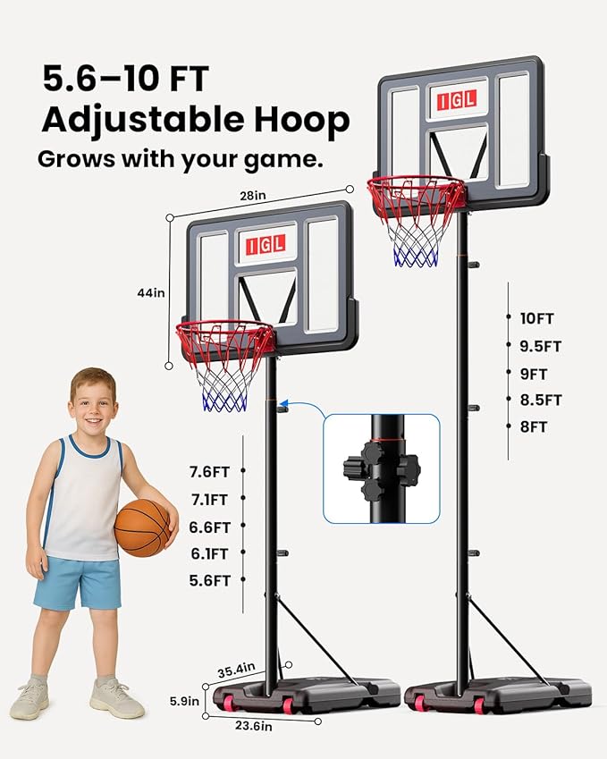 IGL Portable Basketball Hoop, 5.6-10FT Adjustable Basketball Goal System, 40/44 Inch Outdoor Basketball Hoop & Goals for Kids, Youth, and Adults in The Backyard, Driveway with PC Backboard