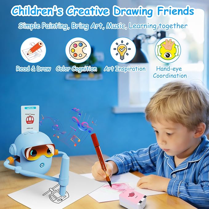 Custer's Night Drawing Robot for Kids - Montessori Painting Toys for 3 4 5 6 7 8 Year Old, Voice Interactive Educational Drawing Machine with 100 Cards,12 Colorful Pens & Music-Gift for Boys Girls B