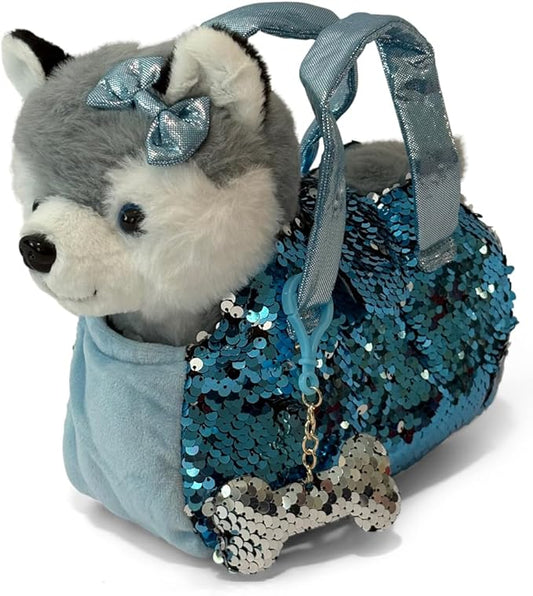 Little Jupiter Pet Plush Set with Purse w/Reversible Sequins & Charm - Stuffed Animal Toy for Kids Ages 3-7 Years - Stuffed Animal Purse - Stuffed Animals for Girls - (Husky Dog)