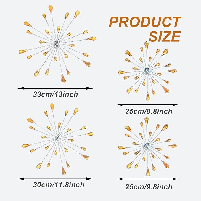 ZEXUIRU 4 Set Silver Starburst Wall Art for Home Decor Metal Bling Crystal Rhinestones Sunburst Wall Decor Sparkling Rhinestone Art Accent -Orange 13in/11.8in/9.8in/9.8in