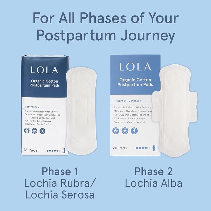 LOLA Organic Cotton Postpartum Pads - 20 Count, Ultra Absorbent and Extra Long Pads, Overnight and Full Coverage, Adult Incontinence Pad for Women, Postpartum Essentials