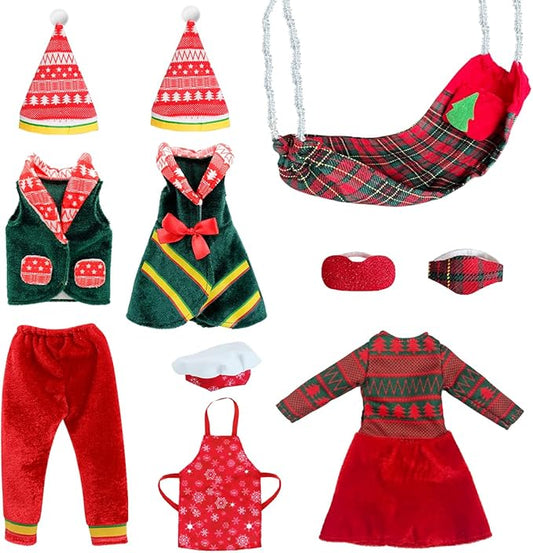 Christmas Doll Clothes & Accessories Kit, 12PCS Retro Christmas Style Vest, Skirt, Hammock, Chef Hat, Apron, Eye Mask – Festive Girl Boy Doll Clothes for Kids Xmas Party Decor