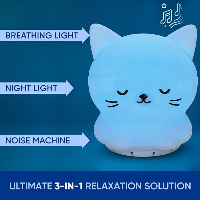 Mindfulness 'Breathing Kitty' | 4-7-8 Guided Visual Meditation Breathing Light | 3 in 1 Device with Night Light & Noise Machine for ADHD Anxiety Stress Relief Sleep - Gift for Kids Adult Women Men