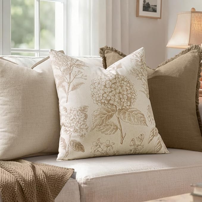 Set of 2 Decorative Floral Pillow Covers 22x22 Inch Tan Beige | Neutral Hydrangea Print, Boho Vintage Throw Cushion Covers, Cottagecore Home Decor, for Sofa Couch Porch Bedroom Living Room