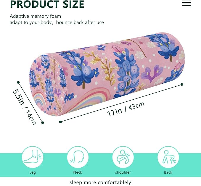 Pink Bluebonnet Polka Dots and Rainbows Neck Roll Pillow Bolster Round Health Memory Foam Long Cervical Cylinder Pillows with Removable Washable Cover for Body Bed Legs Back Yoga