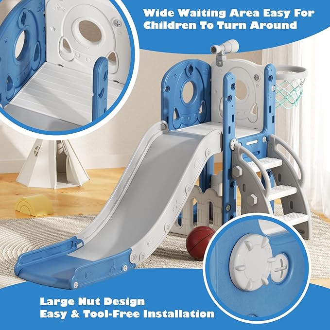 Glaf Toddler Slide 6 in 1 Outdoor Playset Indoor Playground for Kids Toddlers Age 1-3 Baby Slide with Basketball Hoop and Ball Storage Space and Telescope Freestanding Climber Slides Toys (Blue)